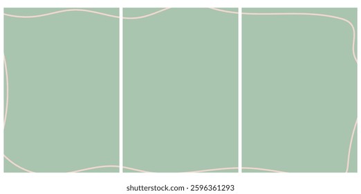 Abstract triptych template with green background and beige curved lines. Minimalist geometric design for posters, prints, and interior decor