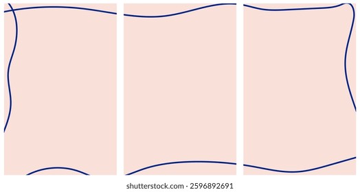 Abstract triptych template with pastel pink background and dark blue curved lines. Modern minimalist geometric design for posters, prints, and decor
