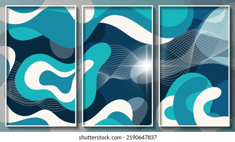 Resumen tríptico en tonos turquesa y azul. Flash de luz, formas superpuestas y líneas onduladas. Tres imágenes en marcos finos blancos. Vector.