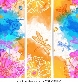 Abstract triptych wallpaper watercolors of flowers, butterflies, birds, dragonflies and beetles. Drops and splashes of watercolor work of authorship. Banners watercolor for you.