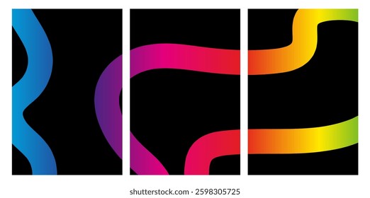 Abstract triptych with wavy rainbow gradient lines on black background
