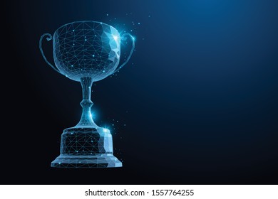 Abstract Trophy cup form lines, Low Poly, point connecting network on blue background.