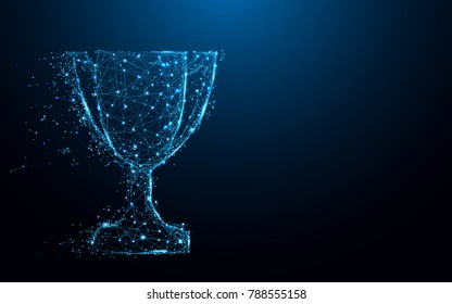 Abstract Trophy cup form lines and triangles, point connecting network on blue background. Illustration vector