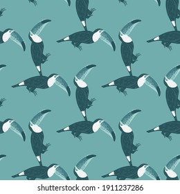 Abstract tropic animal seamless pattern with doodle toucan bird silhouettes. Blue palette zoo backdrop. Flat vector print for textile, fabric, giftwrap, wallpapers. Endless illustration.