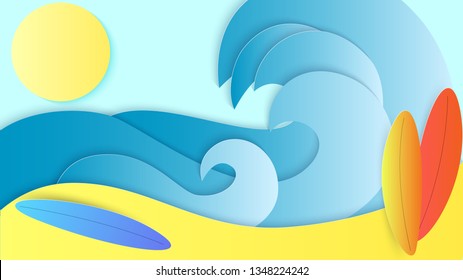 Abstract Tropic beach with Sea view. Paper cut and craft style with sun, waves, sand and surfboard. Origami exotic hawaiian Blue ocean scenary. Summer time 3d illustration.