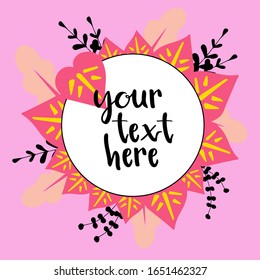 Abstract tropic collage with copy space for logo, greeting text, title. Background of tropical leaves and doodles. Banner with pink yellow colors and hand drawn floral elements. Vector