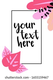 Abstract tropic collage with copy space for logo, greeting text, title. Background of tropical leaves and doodles. Banner with pink yellow colors and hand drawn floral elements. Vector