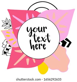 Abstract tropic collage with copy space for logo, greeting text, title. Background of tropical leaves and doodles. Banner with pink yellow colors and hand drawn floral elements. Vector