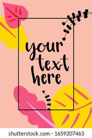 Abstract tropic collage with copy space for logo, greeting text, title. Background of tropical leaves and doodles. Banner with pink yellow colors and hand drawn floral elements. Vector