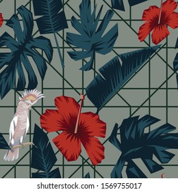 Abstract tropic composition consisting of banana and monstera leaves, red hibiscus flowers, sitting ara parrot in trendy cubism style. Seamless illustration repeat pattern foliage and floral wallpaper
