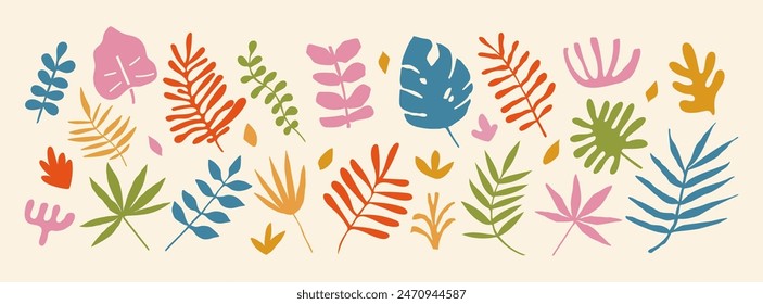 Abstract tropic leaves. Exotic plants and palm leaf. Different modern organic nature floral shapes. Summer botanical silhouettes. Collage doodle banana, monstera. Vector set