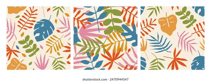 Abstract tropic leaves pattern. Seamless nature plants background. Doodle jungle leaf, palm tree, exotic foliage in trendy style summer design. Colorful shapes vector backdrop