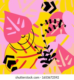 Abstract tropic seamless pattern. Background of tropical leaves and doodles.wallpater with pink yellow colors and hand drawn floral elements. Vector