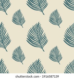 Abstract tropic seamless pattern in hand drawn style with navy blue fern leaf shapes. Grey background. Vector illustration for seasonal textile prints, fabric, banners, backdrops and wallpapers.