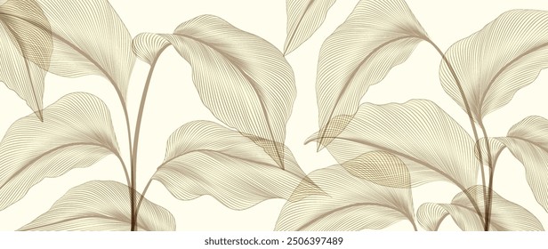 Abstract tropical art background with exotic leaves in line style. Hand drawn botanical banner for decor, print, wallpaper, textile, postcard, invitation, greeting.