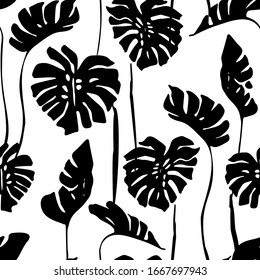Abstract tropical art seamless pattern. Monstera and palm leaves silhouettes, line art background. Tropical leaves vector design. Hand drawn botany illustration in black and white colors