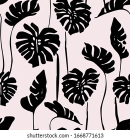 Abstract tropical art seamless pattern. Monstera and palm leaves silhouettes, line art background. Tropical leaves vector design. Hand drawn botany illustration in black and white colors