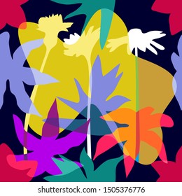 Abstract tropical art. Seamless vector pattern with geometric plants, leaves and flowers. Summer swimwear textile collection. Colorful on dark.