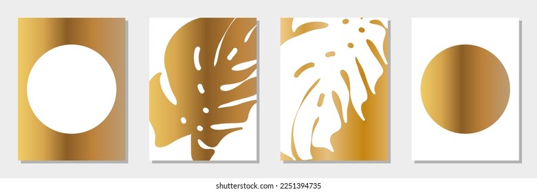 Abstract tropical art set. Monstera palm leaves and simple geometric and abstract shapes in golden gradient and white. Stylish vector minimalist wall art decor.
