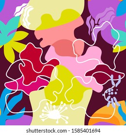 	
Abstract tropical art. Vector pattern with stylized geometric leaves and flowers. Summer swimwear textile collection. Colorful on dark.