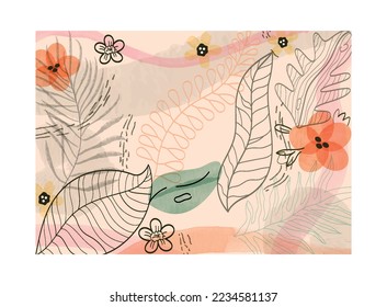 Abstract tropical background. Beautiful pattern or template with wildflowers, exotic linear leaves and watercolor spots. Design element for print. Cartoon flat vector illustration in doodle style