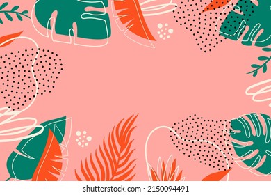 Abstract tropical background. For the design of cards, posters, postcards and banners. Hand drawn doodle elements: dots, circles, doodles.