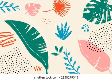 Abstract tropical background. For the design of cards, posters, postcards and banners. Hand drawn doodle elements: dots, circles, doodles.