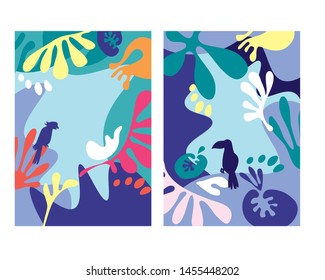 Abstract tropical background designs with bird and leaves. Jungle inspired  fluid shapes for card, header, invitation, poster, social media, post publication. Summer sale promotional content.
