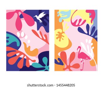Abstract tropical background designs with bird and leaves. Jungle inspired  fluid shapes for card, header, invitation, poster, social media, post publication. Summer sale promotional content.