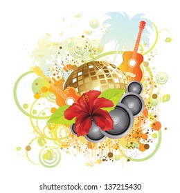 Abstract tropical background with disco ball, palm trees, hibiscus flower and guitar.