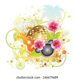 Abstract tropical background with disco ball, palm trees, hibiscus flower and guitar.