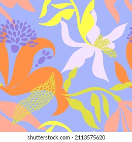 Abstract tropical background. Floral seamless pattern in flat modern manner. Hand drawn isolated rounded shapes. Cut out flower silhouettes. Outline sketch drawing. Good for fashion, textile, fabric.