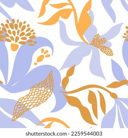 Abstract tropical background. Floral seamless pattern in flat modern manner. Hand drawn isolated rounded shapes. Cut out flower silhouettes. Outline sketch drawing. Good for fashion, textile, fabric.