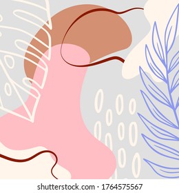 Abstract tropical background with geometric shapes and palm leaves in pastel colors. Blue, pink, brown modern collage for posters. Vector illustration in trendy style abstract design and monstera leaf