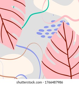 Resumen del fondo tropical con formas geométricas y hojas de palma en colores pastel. Collage moderno azul, rosa y marrón para afiches. Ilustración vectorial en diseño abstracto de moda y hoja de monstera