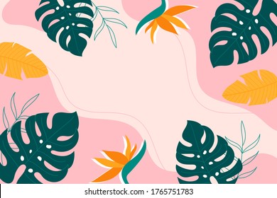Resumen del fondo tropical con hojas verdes de monstera, estrelitzia y hojas de plátano