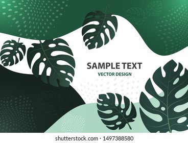 Abstract tropical background with monstera leaves. Composition with exotic plants on a bright background. Template for your design. Vector illustration.