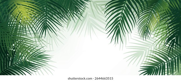 Abstract tropical background with palm branches, green leaves of different tones with silhouette contours.

