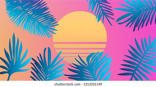 Abstract tropical background with palm leaves on sunset. Synthwave retrowave aesthetics.