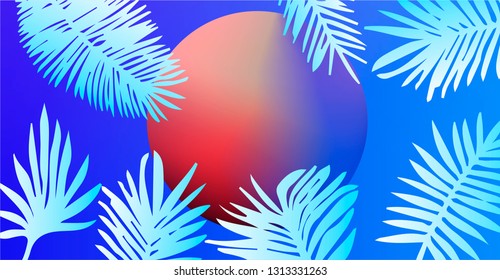 Abstract tropical background with palm leaves on sunset. Synthwave retrowave aesthetics.