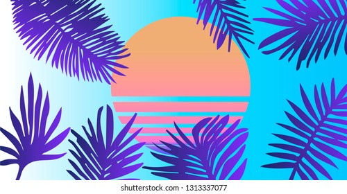 Abstract tropical background with palm leaves on sunset. Synthwave retrowave aesthetics.