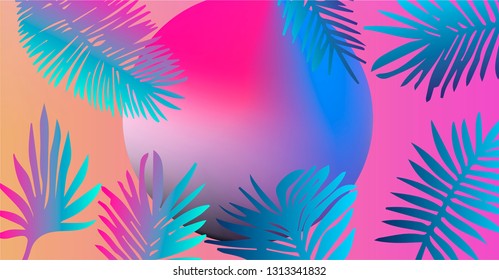 Abstract tropical background with palm leaves on sunset. Synthwave/ retrowave aesthetics.