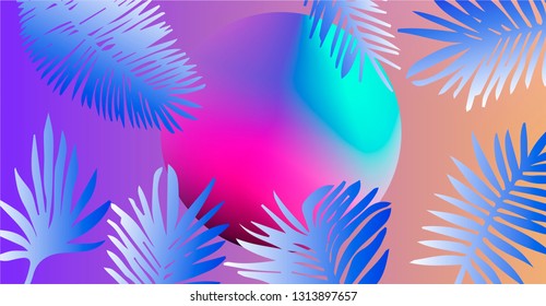 Abstract tropical background with palm leaves on sunset. Synthwave/ retrowave aesthetics.