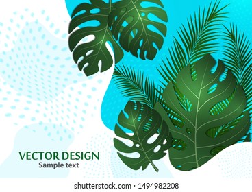 Abstract tropical background with palm leaves, monstera. Composition with exotic plants on a bright background. Template for your design. Vector illustration.