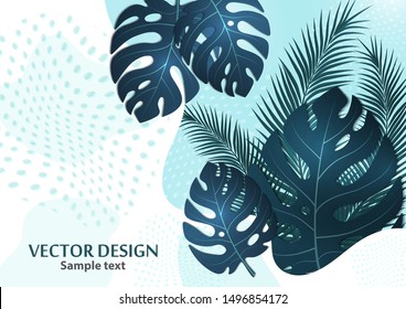Abstract tropical background with palm leaves, monstera. Composition with exotic plants on a bright background. Template for your design. Vector illustration.