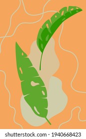 Abstract tropical background with palm leaves, for the design of banners, posters, covers, business cards, home decor. Modern vector illustration for decoration and postcards. Botanical minimalistic.