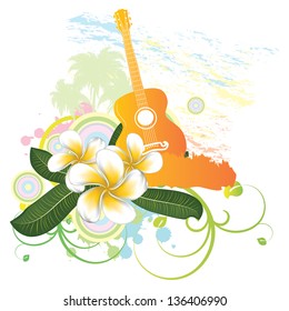 Abstract tropical background with palm trees, white plumeria flowers and guitar.