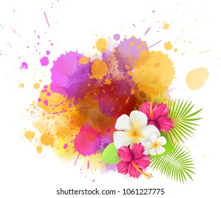 Abstract tropical background with plumeria flowers and palm leaves on colorful watercolor splash. Multicolored.
