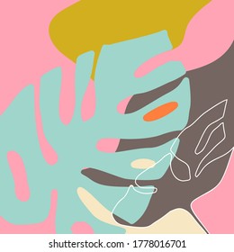 Resumen de fondo tropical o afiches con un diseño decorativo moderno, colores pastel. Collage moderno con hojas y formas. Ilustración vectorial dibujada a mano.
