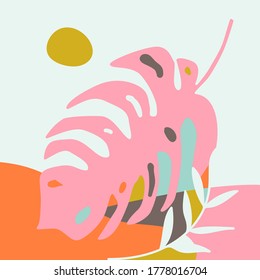 Resumen de fondo tropical o afiches con un diseño decorativo moderno, colores pastel. Collage moderno con hojas y formas. Ilustración vectorial dibujada a mano.
